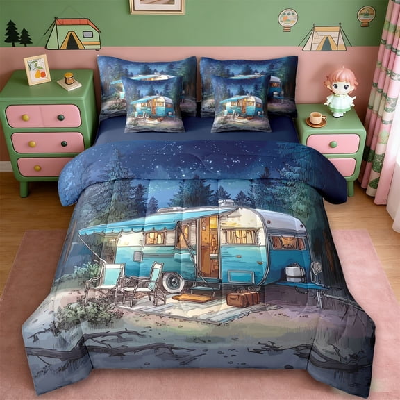 Erosebridal Kids Camper 7-Piece Twin Bedding Sets For Travel Trailers,Country Adventure Theme Bedding Comforter Set For Boy,Reversible navy blue
