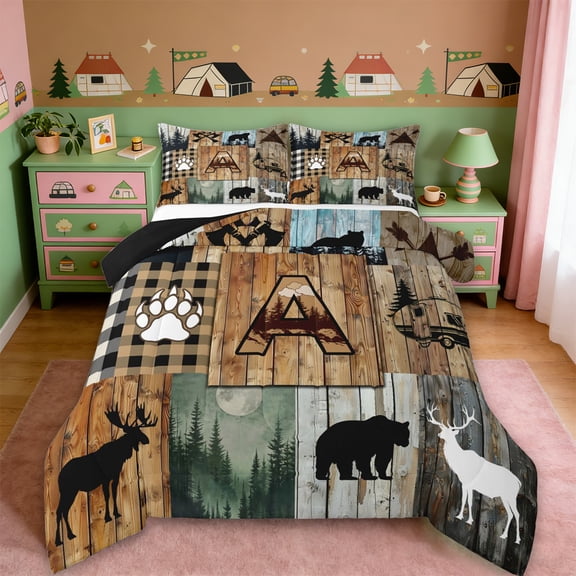Erosebridal Kids Camper Queen Comforter Set,Brown A Alphabet Bedding Comforter Set For Boys,Reversible black,3pcs
