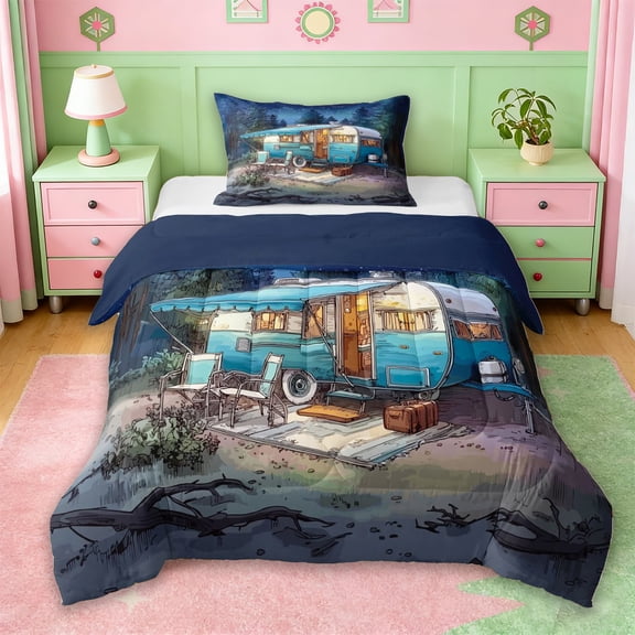 Erosebridal Kids Camper Twin Comforter Sets For Travel Trailers,Country Adventure Theme Bedding Set For Boy,Reversible navy blue,2 Pieces