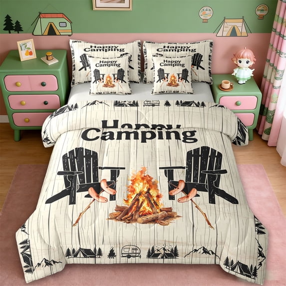 Erosebridal Kids Camping 7pcs Bedding Comforter Set For Travel Trailers 7pcs Bedding Comforter Set,Old Barn Door Rustic Style Queen Bedding Sets,Reversible lightgray