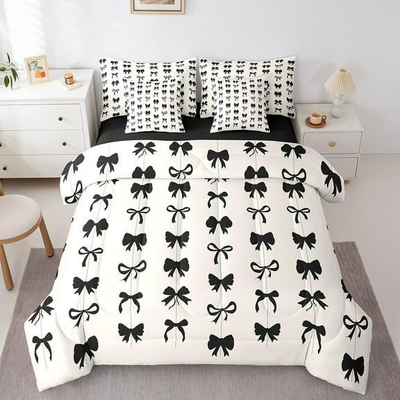 Erosebridal Cool Bow Tie Bedding Twin Size, Chic Bowknot Bed in a Bag Twin size, Black and White, Reversible 7 Pieces
