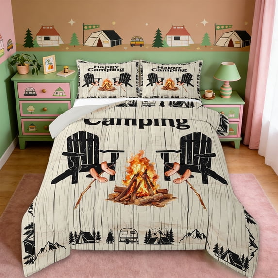 Erosebridal Kids Camping Full Size Comforter Sets For Travel Trailers Full Size Comforter Sets,Old Barn Door Rustic Style Bedding Sets,Reversible lightgray,3 Pieces