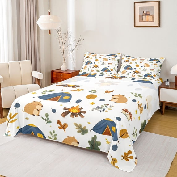 Erosebridal Kids Camping Lover Queen Sheet Sets, Cartoon Capybara Bed Set, 4pcs