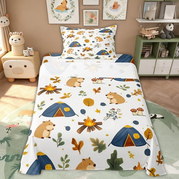 Erosebridal Kids Camping Lover Twin Sheet Sets, Cartoon Capybara Bedding, 3pcs