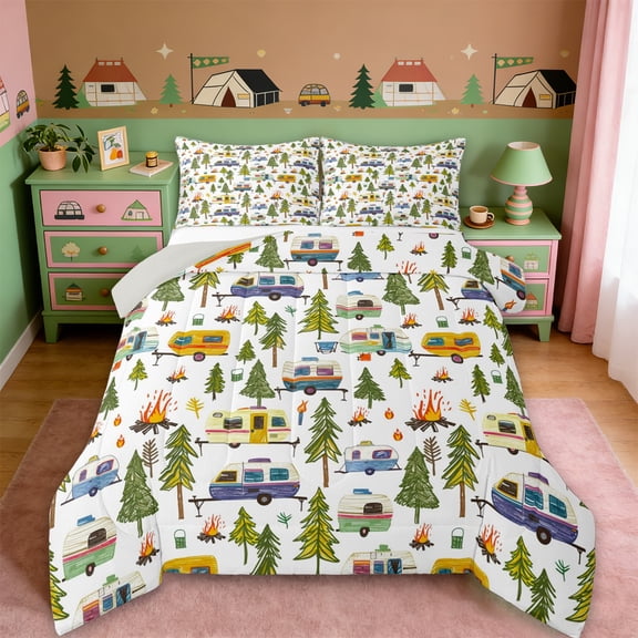 Erosebridal Kids Camping Queen Comforter Set For Camper Gifts,Colorful Cartoon RV Bedding Comforter Set For Girl Kids,Reversible lightgray,3pcs