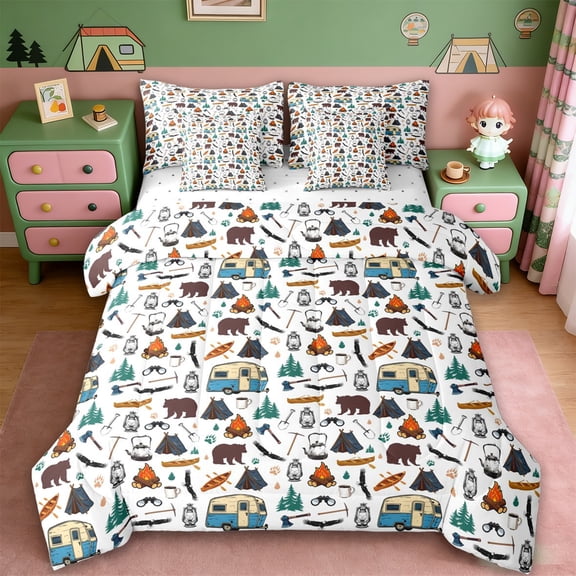 Erosebridal Kids Camping Themed 7pcs Bedding Comforter Set,Jungle Wildlife Bear Queen Bedding Sets For Boys,Reversible