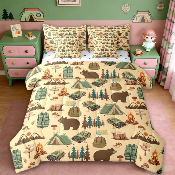 Erosebridal Kids Camping Themed 7pcs Bedding Comforter Set,Rustic Farmhouse Cabin Adventure Queen Bedding Sets For Boys,Reversible