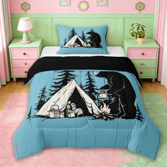 Erosebridal Kids Camping Themed Twin Comforter Sets,Jungle Animal Bear Bedding Set For Boys Men,Reversible,2 Pieces
