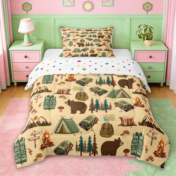Erosebridal Kids Camping Themed Twin Comforter Sets,Rustic Farmhouse Cabin Adventure Bedding Set For Boys,Reversible,2 Pieces
