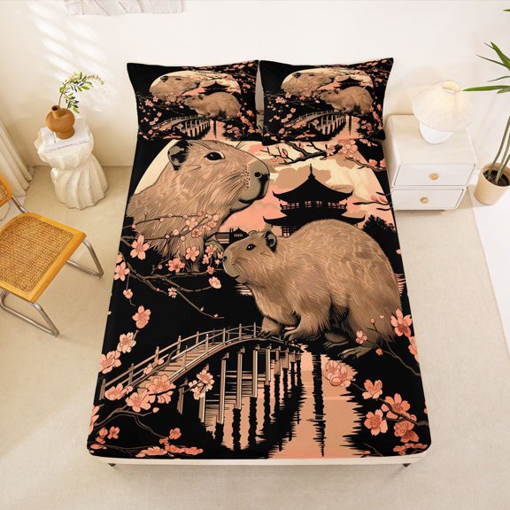 Erosebridal Kids Capybara Bed Sheets, Japanese Blossoms Floral King Sheets, Black Pink, 4-Piece