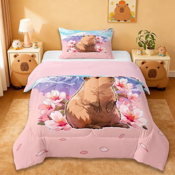 Erosebridal Kids Capybara Twin Comforter Sets For Capybara Lovers,Japanese Cherry Mountain Bedding Set ,Reversible Pink 2pcs