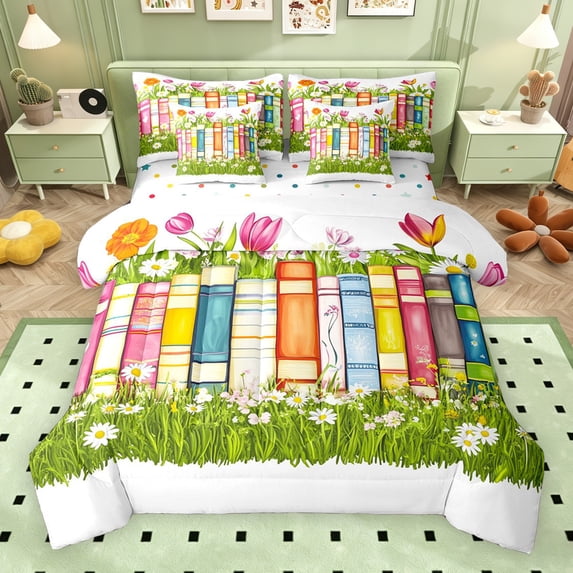 Erosebridal Kids Cartoon Books Twin Bedding Sets, Girls Daisy Tulip Floral Bedding Comforter Set, Polka Dots Reversible, 7pcs