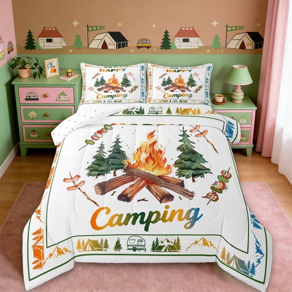 Erosebridal Kids Cartoon Camper Full Size Comforter Sets For Travel Trailers,Rustic Adventure Camping Bedding Sets For Boy,Reversible,3-Piece