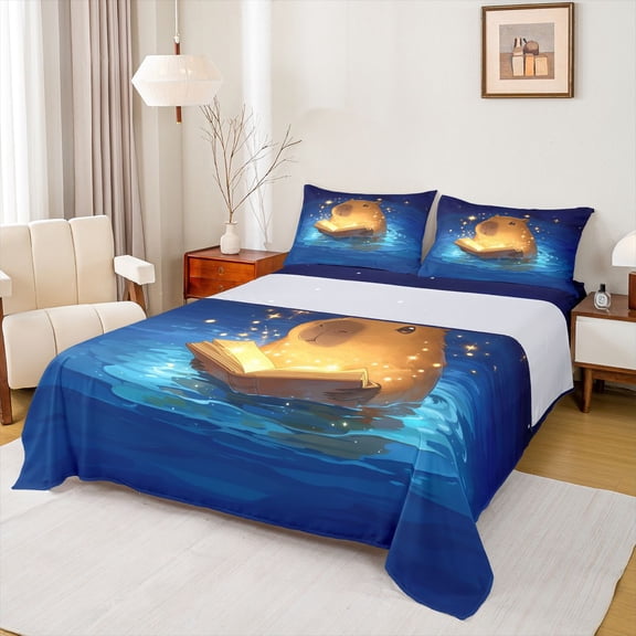 Erosebridal Kids Cartoon Capybara Bed Sheets, Galaxy Stars King Sheets, 4pcs
