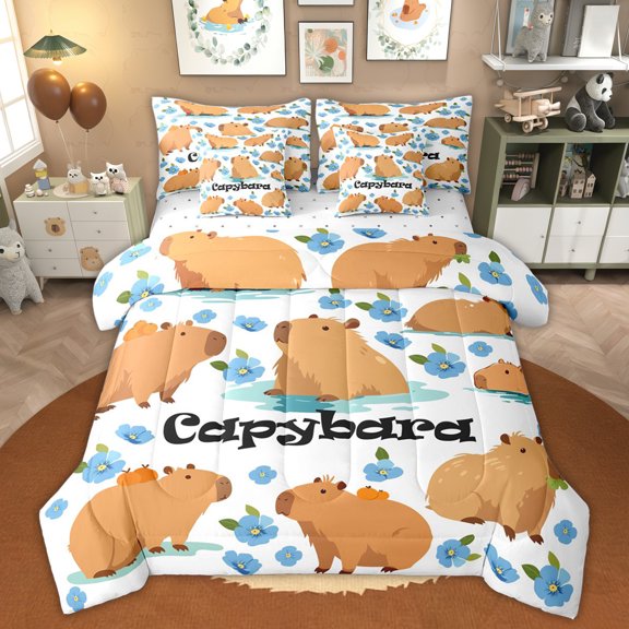 Erosebridal Kids Cartoon Capybara Twin Bedding Sets, Blue Flower Floral Bedding Comforter Set, 7-Piece