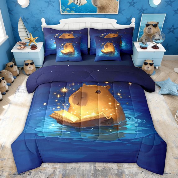 Erosebridal Kids Cartoon Capybara Twin Bedding Sets, Galaxy Stars Bedding Comforter Set, Blue Reversible, 7pcs
