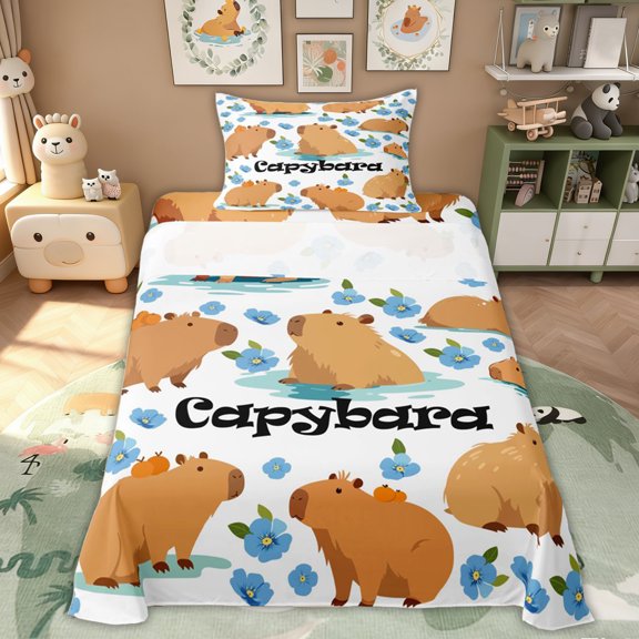 Erosebridal Kids Cartoon Capybara Twin Sheet Sets, Blue Flower Floral Bedding, 3-Piece