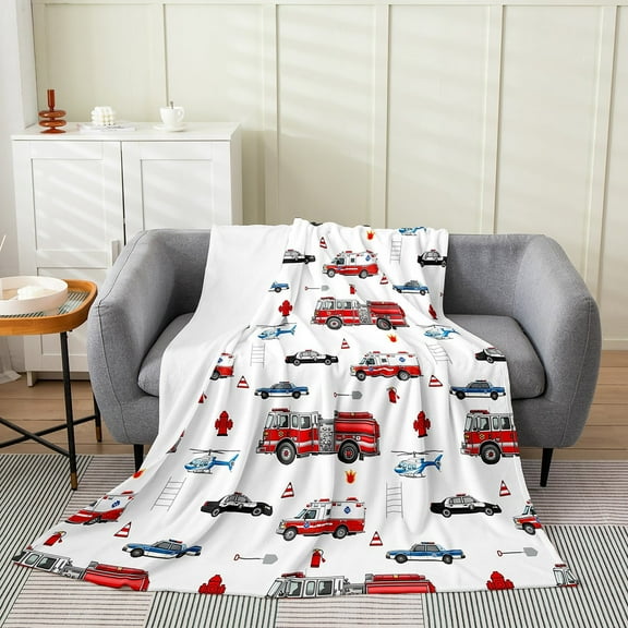 Erosebridal Cartoon Car Sherpa Blanket 60x80, Fire Truck Police Car Ambulance Aircraft Fuzzy Blanket Throw, Ultra Soft