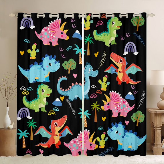Erosebridal Kids Cartoon Dino Blackout Curtains Set of 2 (52x84 Each), Cute Dinosaur Window Curtains, Black