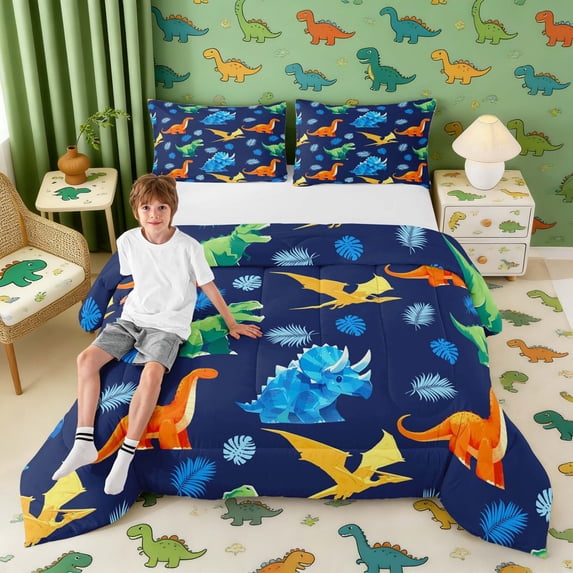 Erosebridal Kids Cartoon Dino Queen Comforter Set, Cute Dinosaur Bedding Comforter Set, Blue