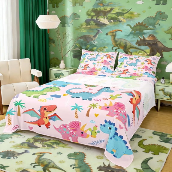 Erosebridal Kids Cartoon Dino Queen Sheet Sets, Cute Dinosaur Bed Set, Pink, 4pcs (1 Flat Sheet, 1 Fitted Sheet and 2 Pillowcases)