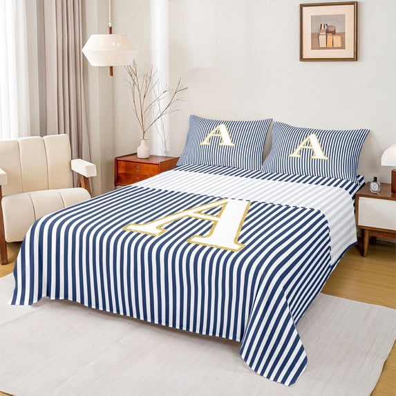 Erosebridal Kids Cartoon Monogrammed A Full Size Sheets, Navy Stripes Ombre Bed Sheets, 4-Piece