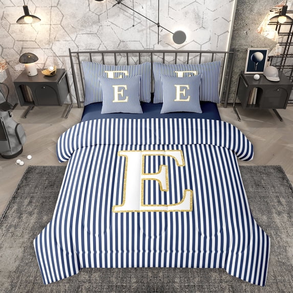 Erosebridal Kids Cartoon Monogrammed E Twin Bedding Sets 7-Piece, Navy Stripes Ombre Bedding Comforter Set