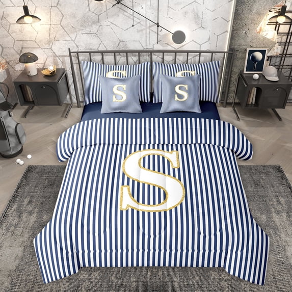 Erosebridal Kids Cartoon Monogrammed S Twin Bedding Sets 7-Piece, Navy Stripes Ombre Bedding Comforter Set