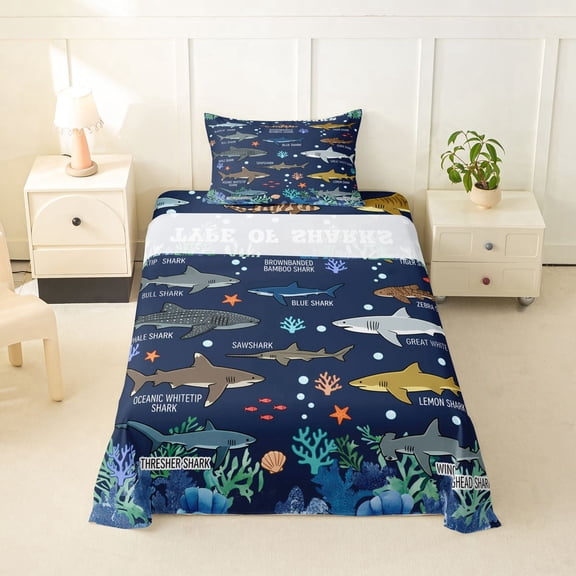 Erosebridal Kids Cartoon Ocean Fish Twin Sheet Sets, Cute Shark Lover Bedding, 3pcs