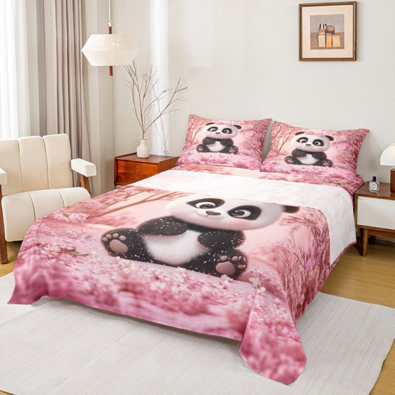Erosebridal Kids Cartoon Panda Bed Sheets, Pink Cherry Blossoms King Sheets, 4pcs