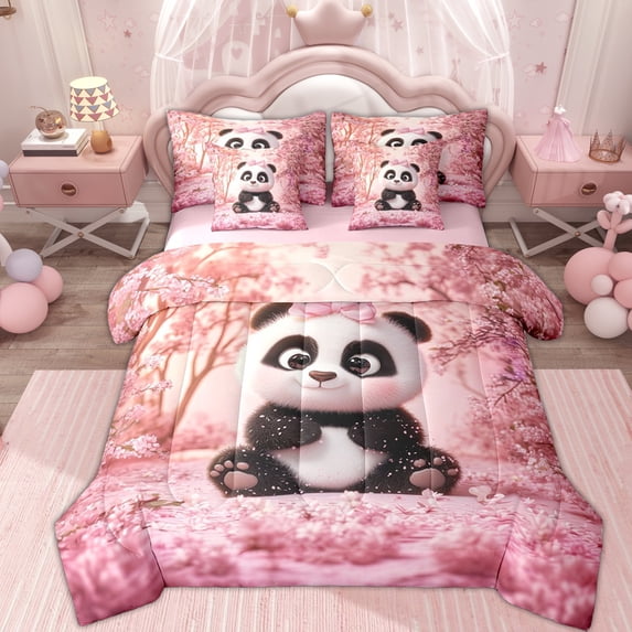 Erosebridal Kids Cartoon Panda Bedding Comforter Set 7 Pieces, Pink Cherry Blossoms Full Bedding Set
