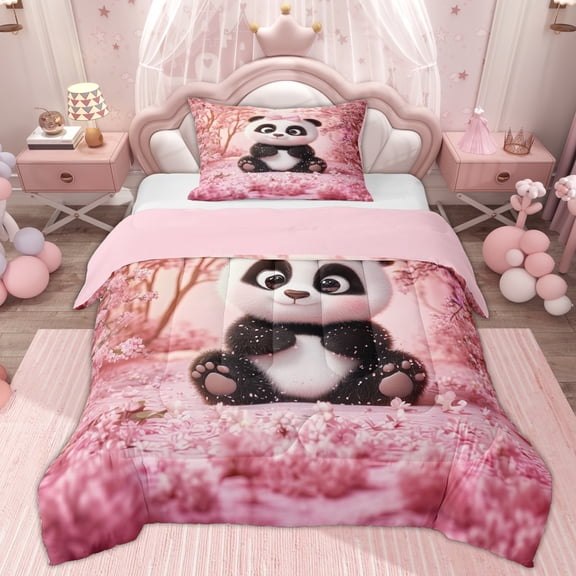 Erosebridal Kids Cartoon Panda Twin Comforter Sets, Pink Cherry Blossoms Bedding Set, 2pcs