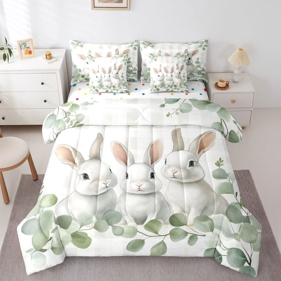Erosebridal Kids Cartoon Rabbits Bedding Comforter Set 7pcs,Boys Girls Happy Easter Queen Bedding Sets,Lightweight Room Decor