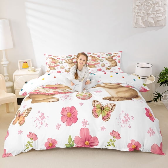 Erosebridal Kids Cartoon Rabbits Duvet Cover Set,Boys Girls Easter Eggs Floral Butterflies Bedding Full,3-Piece,No Comforter,Microfiber Bedroom Decor