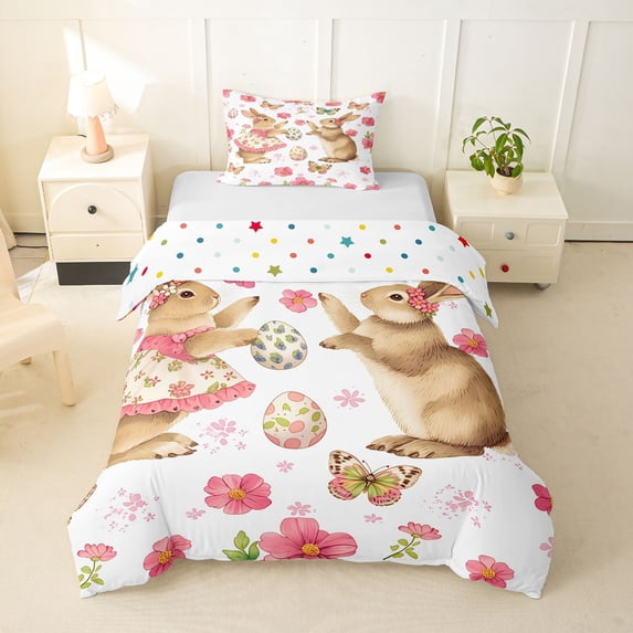 Erosebridal Kids Cartoon Rabbits Twin Bedding,Boys Girls Easter Eggs Floral Butterflies Duvet Cover Set,2pcs,No Comforter,Microfiber Bedroom Decor