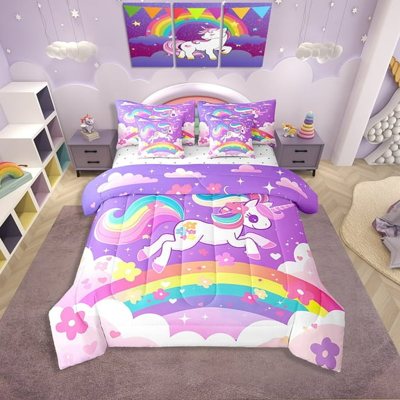 Erosebridal Cartoon Unicorn Bed in a Bag Twin size, Colorful Rainbow Bed Set, Folwer Room Decor, 7pcs