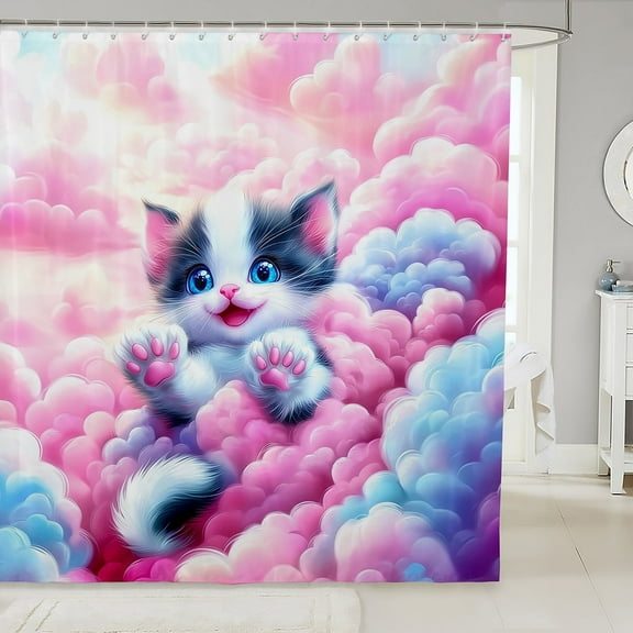 Erosebridal Cat Shower Curtain 72"Wx72"L,Pink Blue Cloud Bathroom Curtain Cute Kawaii Cat Bath Curtain Teen Women,Cartoon Animal Kitten Bathroom Accessories
