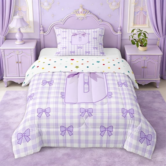 Erosebridal Kids Coquette Bow Twin Comforter Sets For Girls,Purple Letter D Personalized Initial Bedding Set,Reversible,2-Piece