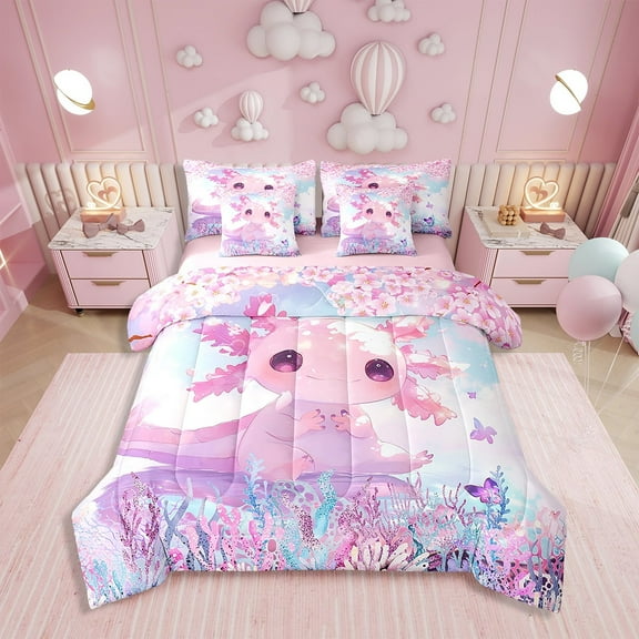 Erosebridal Cute Axolotl Comforter Set Twin 7 Pcs Cherry Blossoms Cartoon Salamander Kawaii Ocean Sealife Bedding Set Reptile Animal Bed in a Bag with Comforter,Sheets