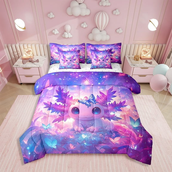 Erosebridal Cute Axolotl Comforter Set Twin 7 Pcs Outer Space Galaxy Butterfly Bedding Set Cartoon Salamander Kawaii Reptile Animal Bed in a Bag with Comforter,Sheets