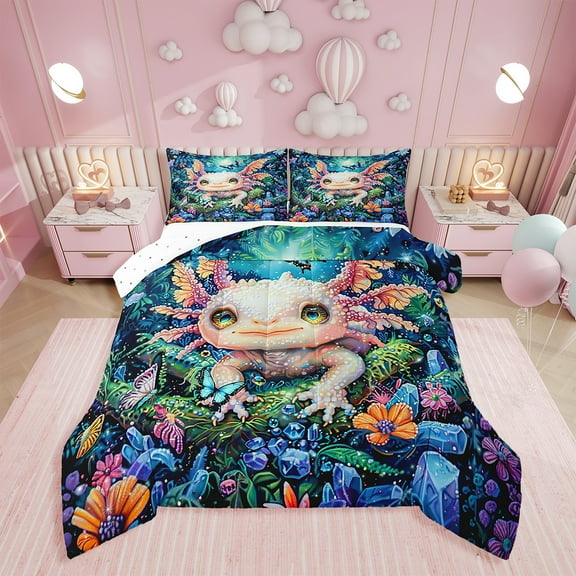 Erosebridal Cute Axolotl Comforter Set Twin Size Botanical Floral Flowers Print Bedding Set Butterfly Tropical Leaves Comforter Nature Marine Animal Quilt Set