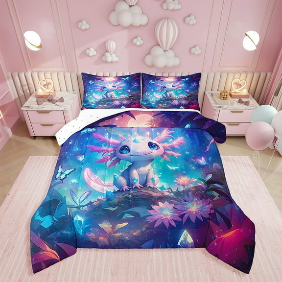 Erosebridal Cute Axolotl Comforter Set Twin Size Butterfly Bedding Set Outer Space Galaxy Comforter Cartoon Salamander Kawaii Reptile Animal Quilt Set
