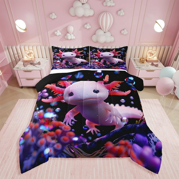 Erosebridal Cute Axolotl Comforter Set Twin Size Cartoon Salamander Bedding Set Kawaii Ocean Sealife Comforter Sea Ocean Creature Reptile Animal Quilt Set
