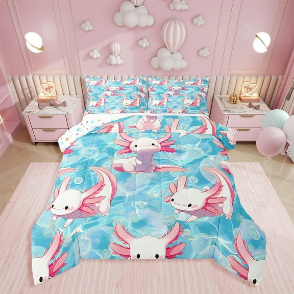 Erosebridal Cute Axolotl Comforter Set Twin Size Ocean Sealife Bedding Set Cartoon Salamander Comforter Kawaii Reptile Animal Sea Underwater World Quilt Set