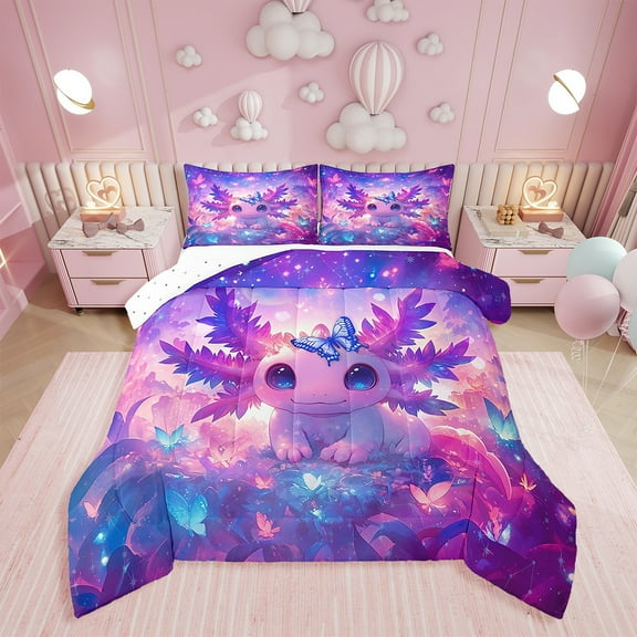 Erosebridal Cute Axolotl Comforter Set Twin Size Outer Space Galaxy Bedding Set Butterfly Comforter Cartoon Salamander Kawaii Reptile Animal Quilt Set