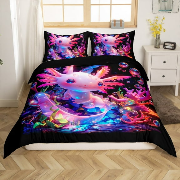 Erosebridal Cute Axolotl Duvet Cover Full Size Cartoon Salamander Bedding Set Kawaii Ocean Sealife Comforter Cover Set Sea Ocean Creature Bedspread Cover(No Comforter)
