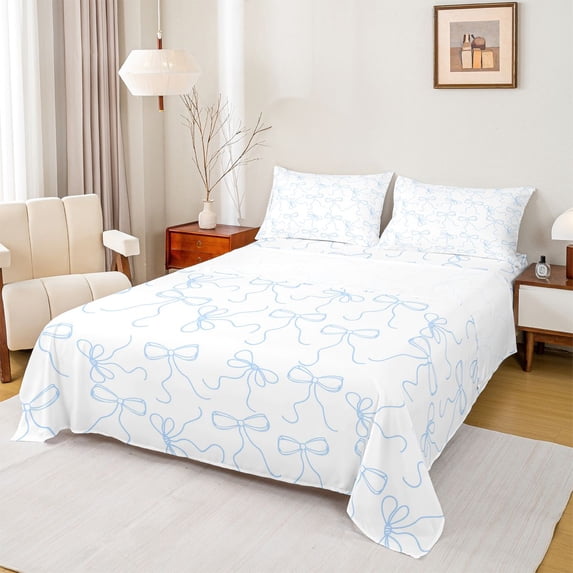 Erosebridal Kids Cute Bowknot Full Size Sheets 4-Piece,Girls Kawaii Blue Bow Tie Bed Sheets