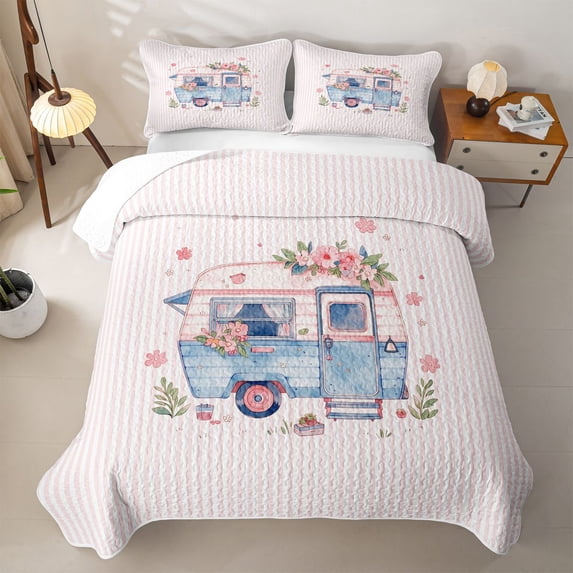 Erosebridal Kids Cute Camper Twin Quilt Set For Travel Trailers,Pink Flowers Floral Twin Coverlet Set For Girls,2 Pieces