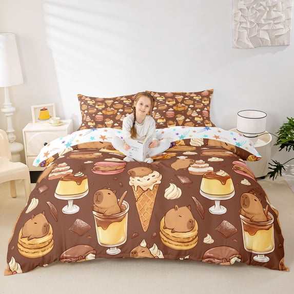 Erosebridal Kids Cute Capybara Chef Queen Duvet Cover Set,Dessert Waffle Ice Cream Bedding For Boys Girls,3 Pieces,No Comforter,Super Cozy Room Decor