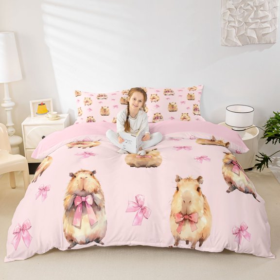 Erosebridal Kids Cute Capybara Duvet Cover Set,Boys Girls Cartoon Bow Animal Bedding Full,3-Piece,No Comforter,Pink Reversible